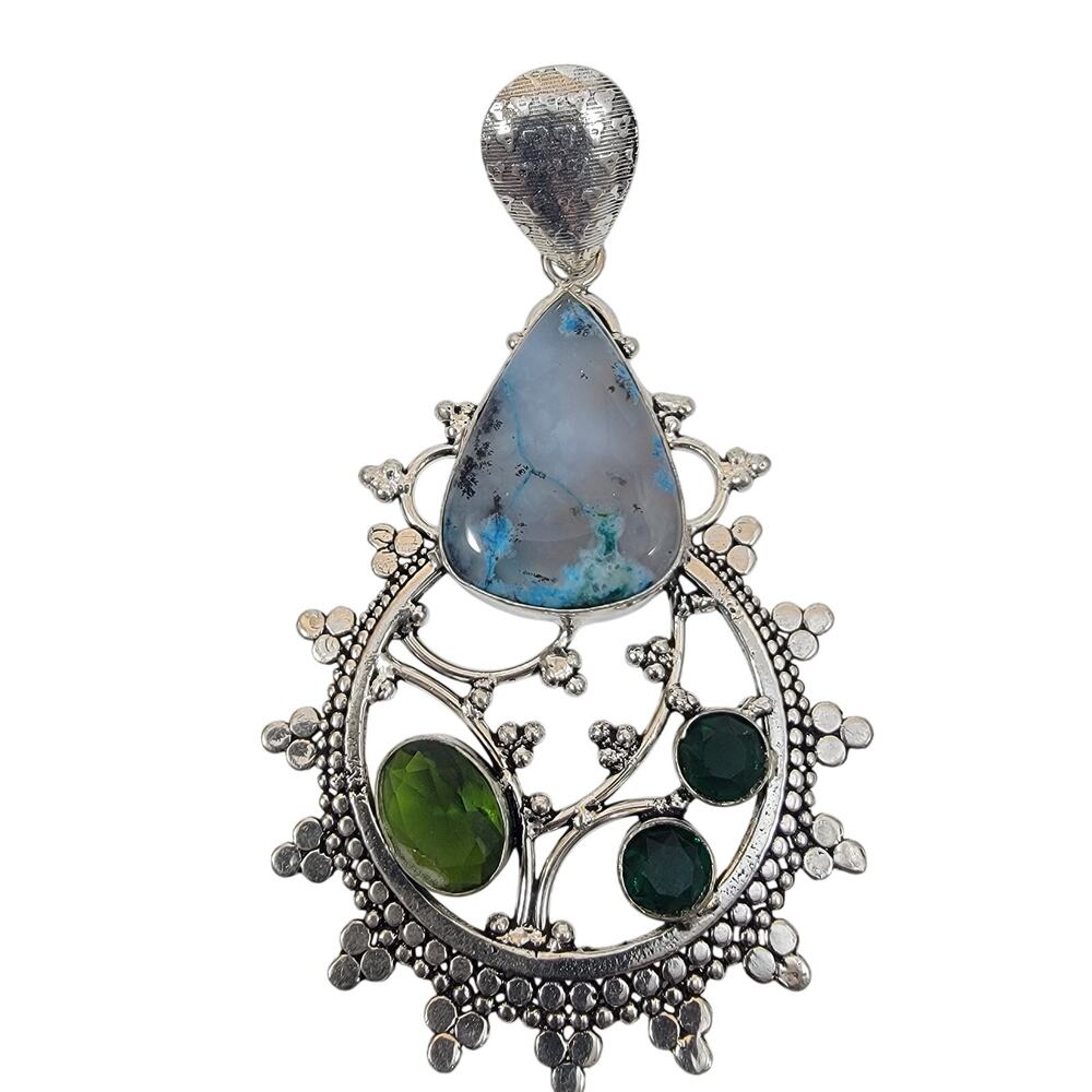 Chrysocolla and Green Quartz Pendant in Sterling Silver Artisan Jewelry Piece